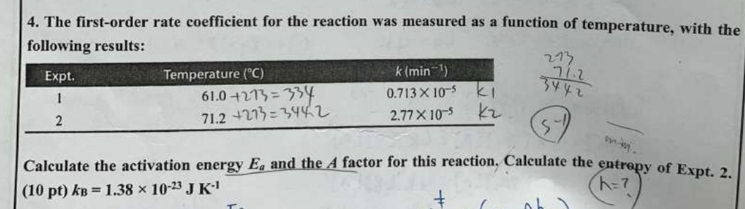 4. The first-order rate coefficient for the reaction was measured as a function of temperature, with the