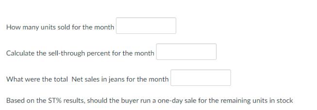 How many units sold for the month Calculate the sell-through percent for the month What were the total Net