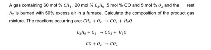 A gas containing 60 mol % CH4, 20 mol % CH6 ,5 mol % CO and 5 mol % O and the rest N is burned with 50%