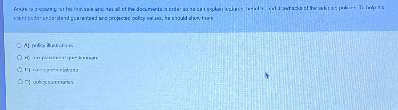 Andre is preparing for his first sale and has all of the documents in order so he can explain features,