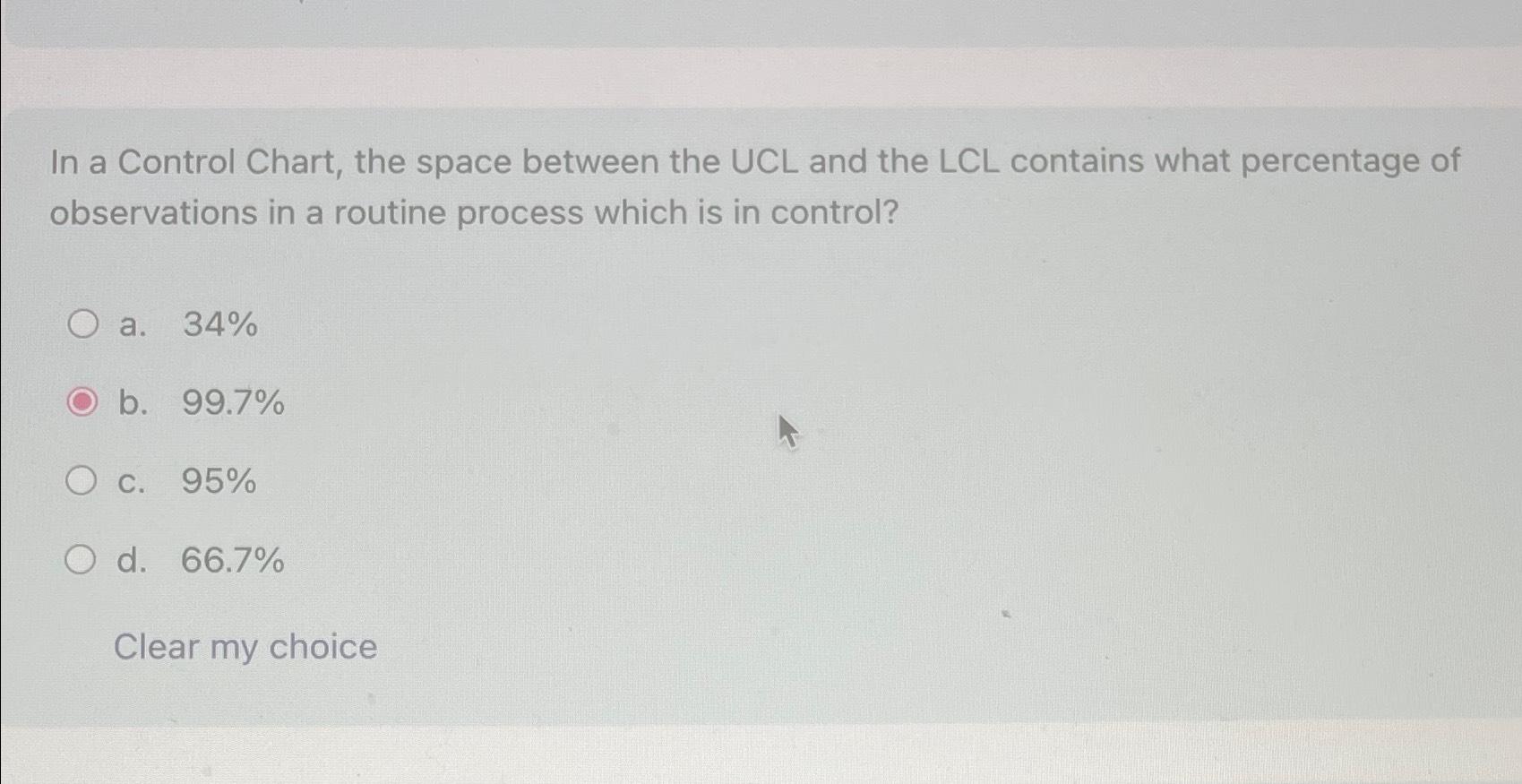 In a Control Chart, the space between the UCL and the LCL contains what percentage of observations in a