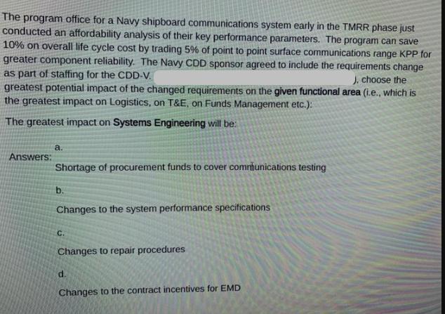 The program office for a Navy shipboard communications system early in the TMRR phase just conducted an