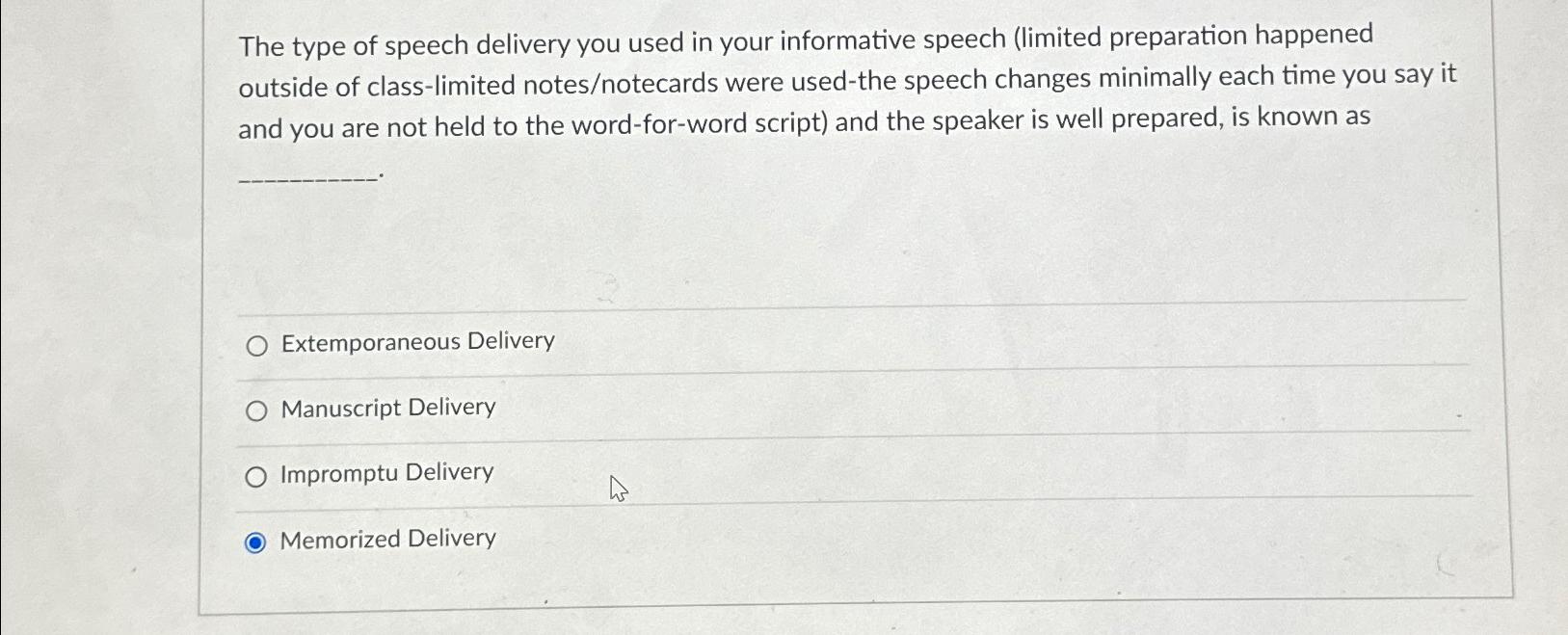 The type of speech delivery you used in your informative speech (limited preparation happened outside of