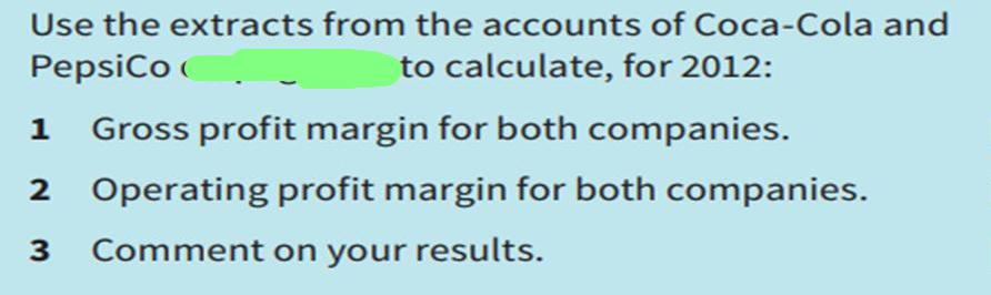 Use the extracts from the accounts of Coca-Cola and PepsiCo to calculate, for 2012: 1 Gross profit margin for