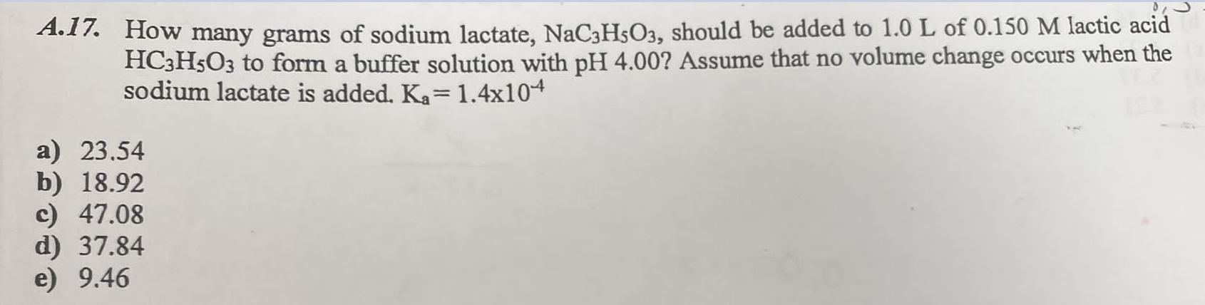 A.17. How many grams of sodium lactate, NaC3H5O3, should be added to 1.0 L of 0.150 M lactic acid HC3H5O3 to