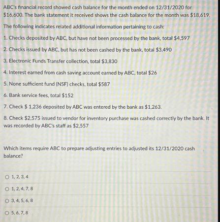 ABC's financial record showed cash balance for the month ended on 12/31/2020 for $16,600. The bank statement