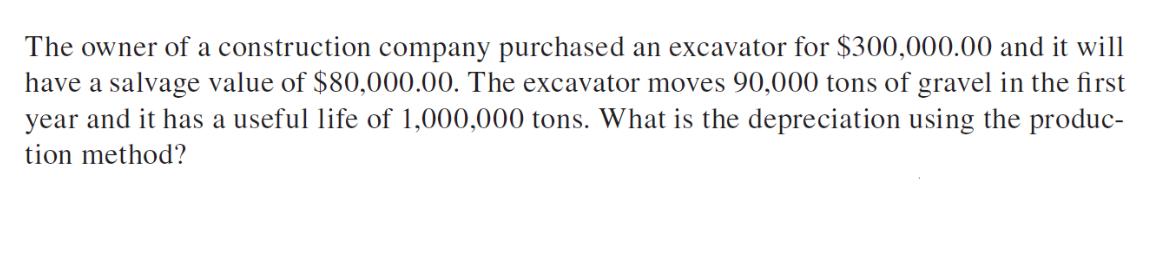 The owner of a construction company purchased an excavator for $300,000.00 and it will have a salvage value