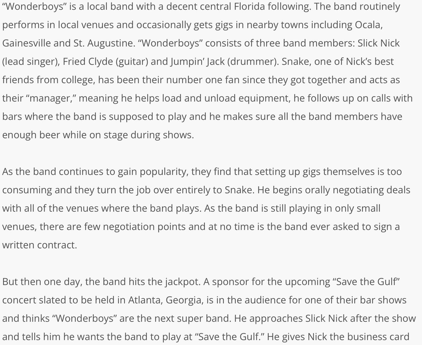 "Wonderboys" is a local band with a decent central Florida following. The band routinely performs in local