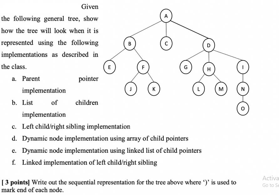 Given the following general tree, show how the tree will look when it is represented using the following