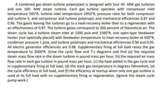 A combined gas-steam-turbine powerplant is designed with four 45 -MW gas turbines and one 100- MW steam