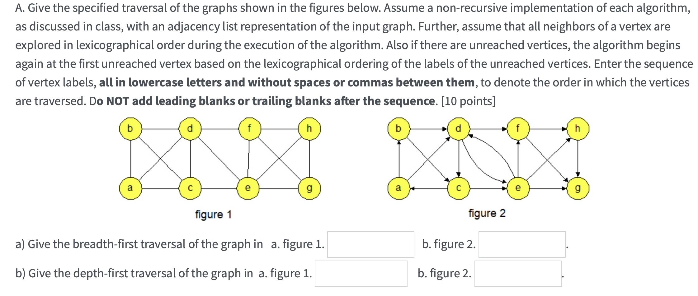 A. Give the specified traversal of the graphs shown in the figures below. Assume a non-recursive