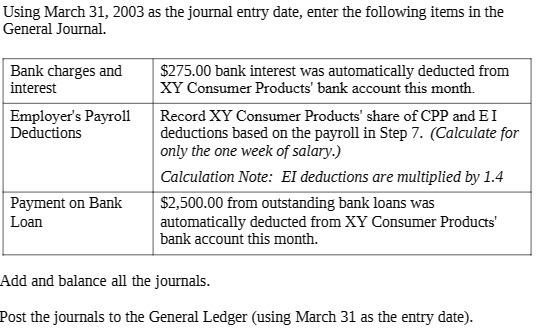 Using March 31, 2003 as the journal entry date, enter the following items in the General Journal. Bank