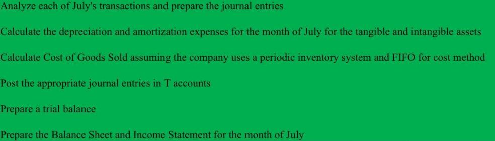 Analyze each of July's transactions and prepare the journal entries Calculate the depreciation and