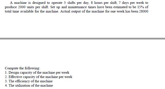 A machine is designed to operate 3 shifts per day, 8 hours per shift, 7 days per week to produce 2000 units