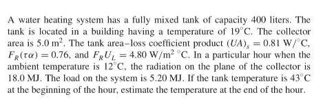 A water heating system has a fully mixed tank of capacity 400 liters. The tank is located in a building