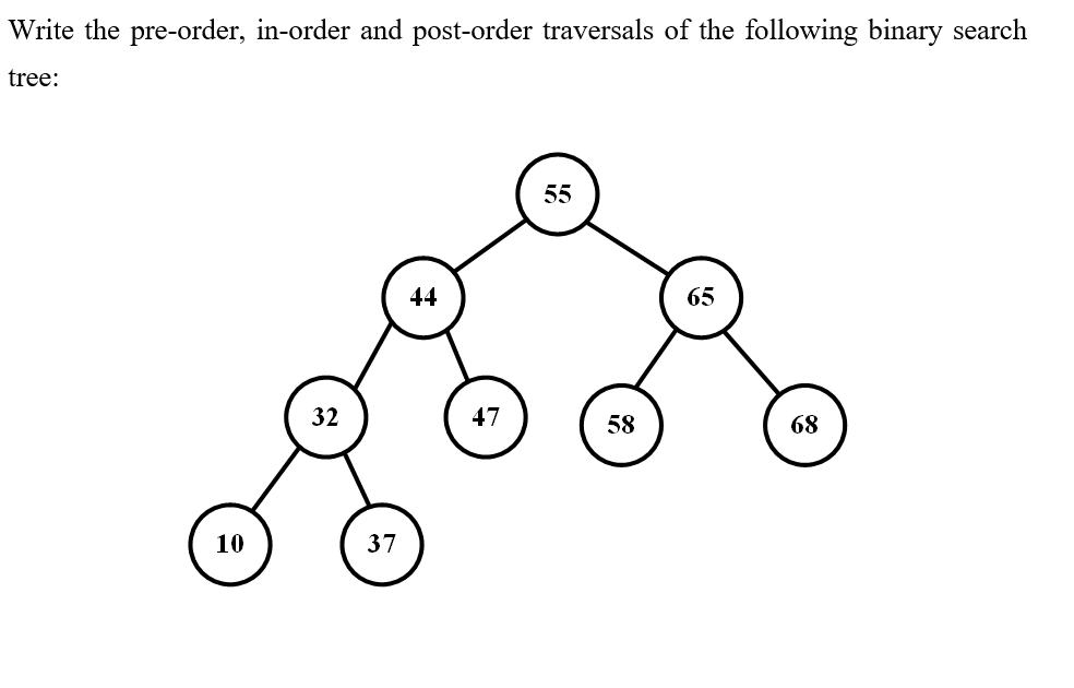 Write the pre-order, in-order and post-order traversals of the following binary search tree: 10 32 37 44 47
