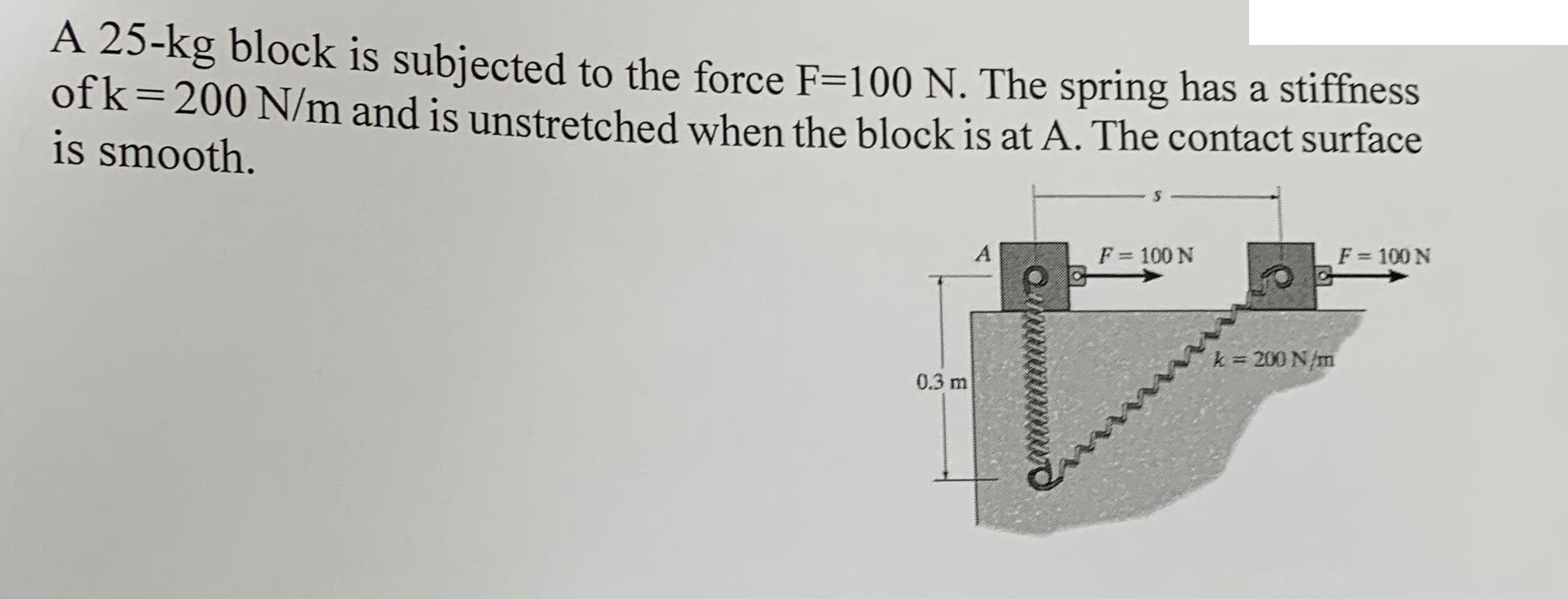 A 25-kg block is subjected to the force F=100 N. The spring has a stiffness ofk=200 N/m and is unstretched