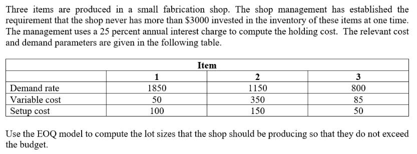 Three items are produced in a small fabrication shop. The shop management has established the requirement