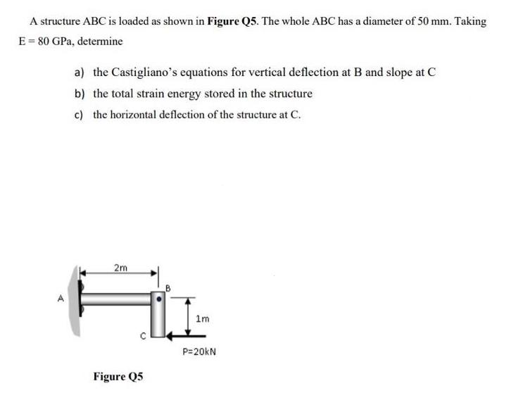 A structure ABC is loaded as shown in Figure Q5. The whole ABC has a diameter of 50 mm. Taking E = 80 GPa,