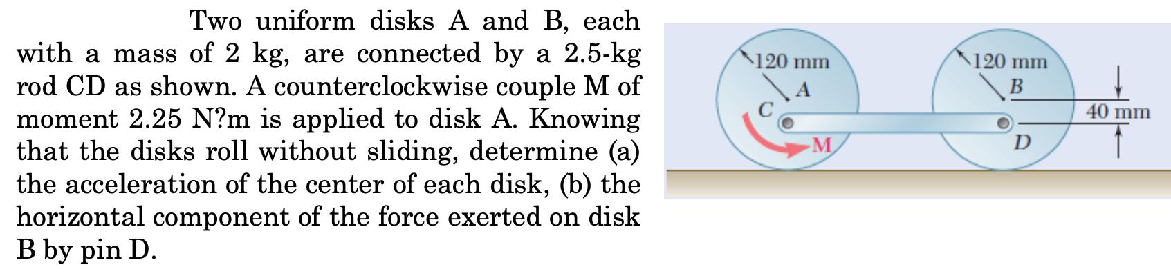 Two uniform disks A and B, each with a mass of 2 kg, are connected by a 2.5-kg rod CD as shown. A