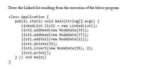 Draw the Linked list resulting from the execution of the below program. class Application { public static