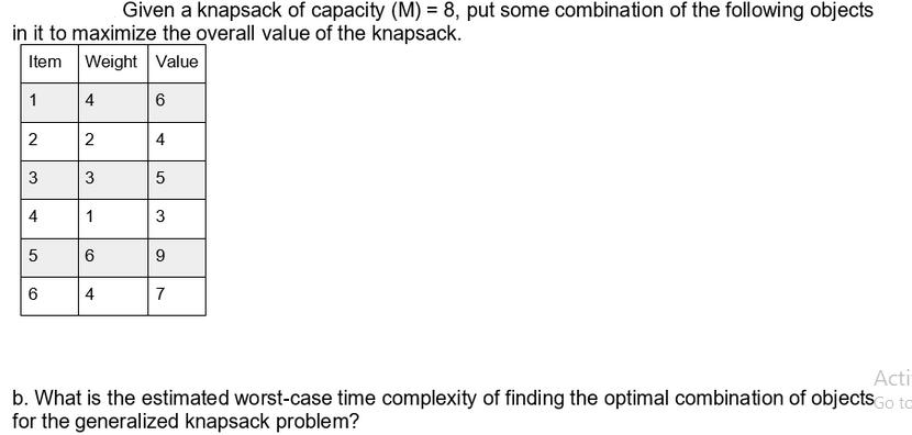 Given a knapsack of capacity (M) = 8, put some combination of the following objects in it to maximize the