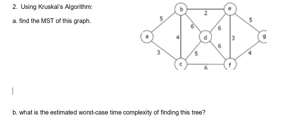 2. Using Kruskal's Algorithm: a. find the MST of this graph. S 3 P 9 5 2 P 6 b. what is the estimated
