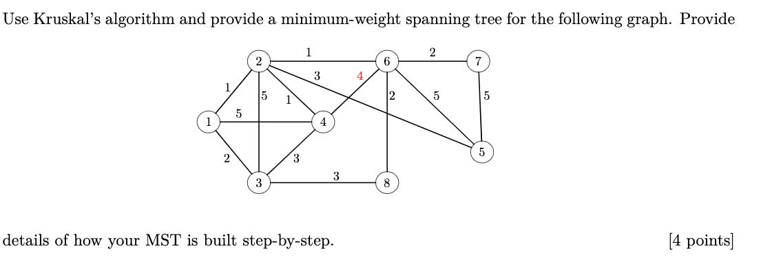 Use Kruskal's algorithm and provide a minimum-weight spanning tree for the following graph. Provide 1 5 5 3 3