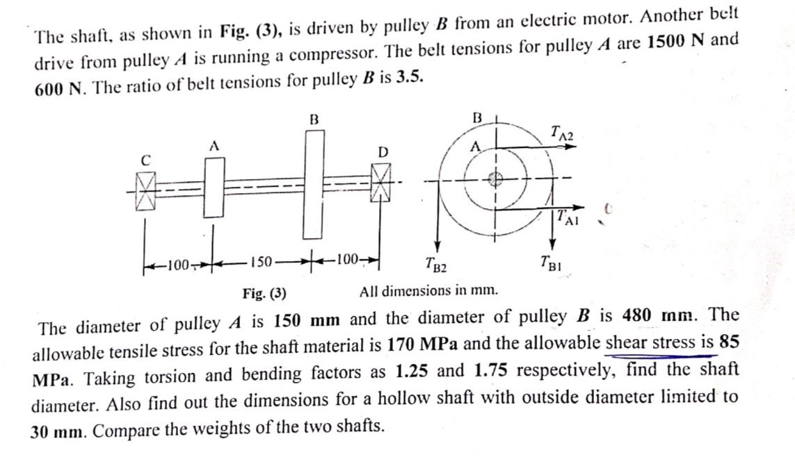 The shaft, as shown in Fig. (3), is driven by pulley B from an electric motor. Another belt drive from pulley