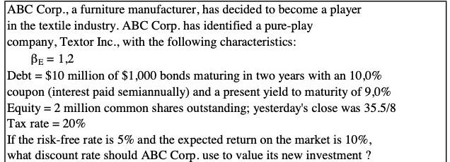 ABC Corp., a furniture manufacturer, has decided to become a player in the textile industry. ABC Corp. has