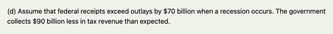 (d) Assume that federal receipts exceed outlays by $70 billion when a recession occurs. The government