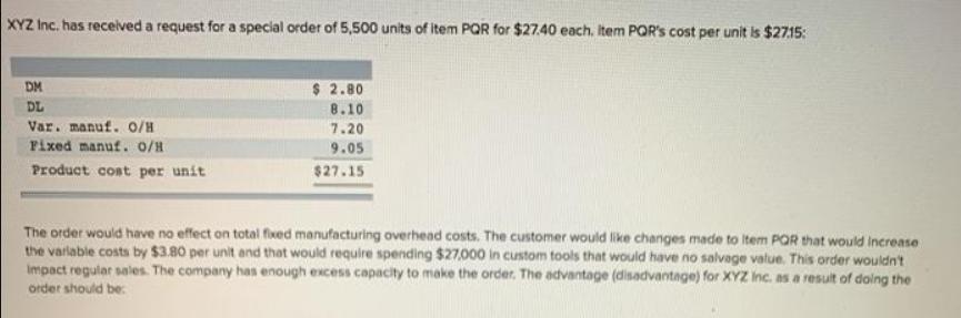 XYZ Inc. has received a request for a special order of 5,500 units of item PQR for $27.40 each. Item PQR's