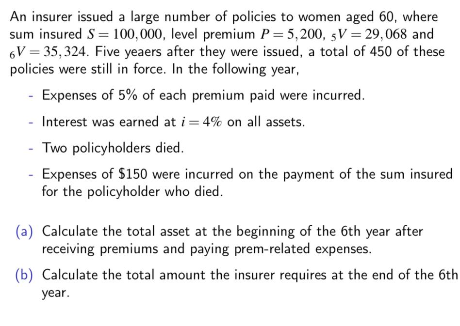 An insurer issued a large number of policies to women aged 60, where sum insured S = 100,000, level premium P