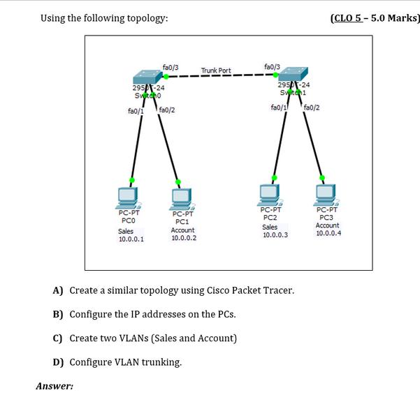 Using the following topology: Answer: 295-24 Switcho fa0/1 PC-PT PCO fa0/3 Sales 10.0.0.1 fa0/2 D PC-PT PC1