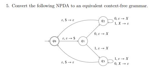 5. Convert the following NPDA to an equivalent context-free grammar. 90 8. $ 8 8,8  $ E. $ E 91 92 0,8 X 1,8 