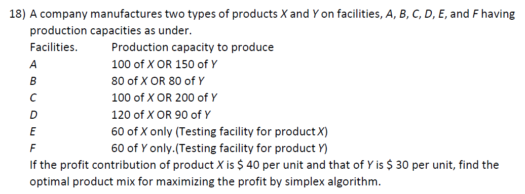 18) A company manufactures two types of products X and Y on facilities, A, B, C, D, E, and F having