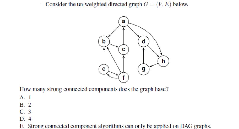 Consider the un-weighted directed graph G = (V, E) below. h How many strong connected components does the