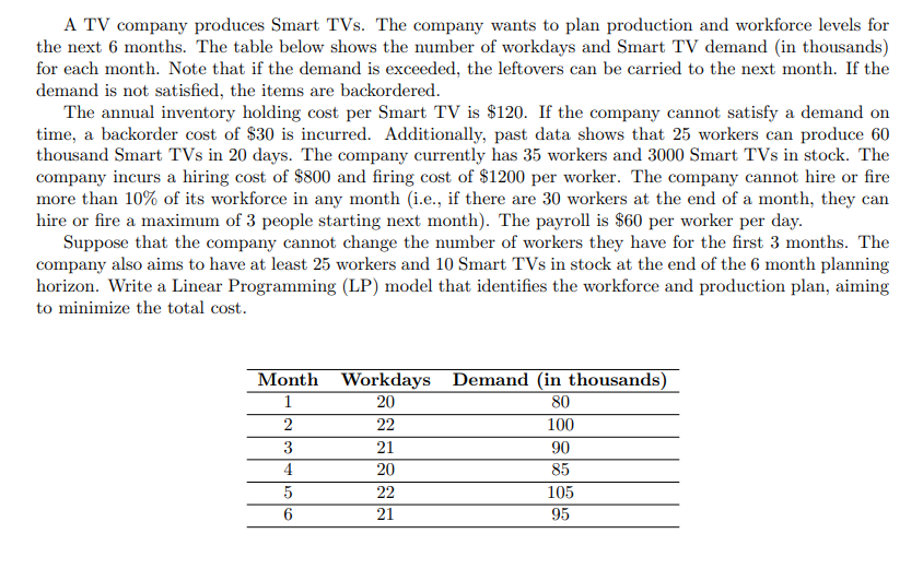 A TV company produces Smart TVs. The company wants to plan production and workforce levels for the next 6
