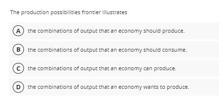 The production possibilities frontier illustrates A the combinations of output that an economy should