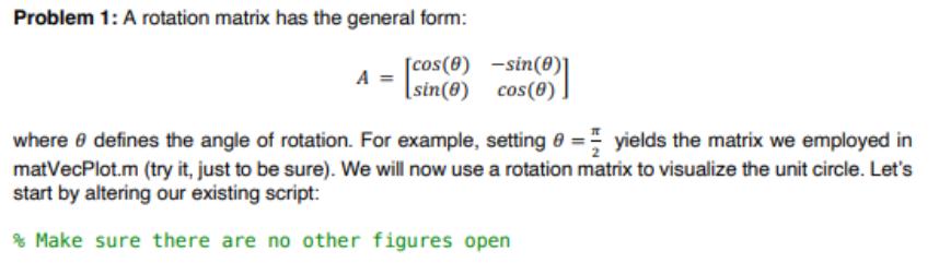 Problem 1: A rotation matrix has the general form: [cos(0) sin(0) A -sin(0)] si cos(0) where defines the