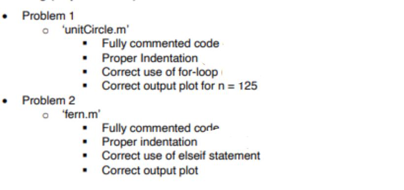 Problem 1 o 'unitCircle.m'   Fully commented code Proper Indentation Correct use of for-loop Correct output