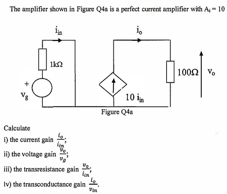 The amplifier shown in Figure Q4a is a perfect current amplifier with A; = 10 + lin 1kn Calculate i) the