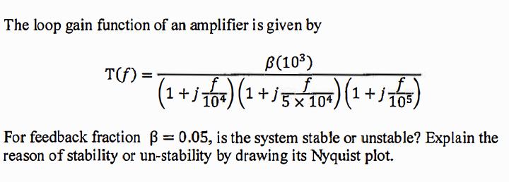 The loop gain function of an amplifier is given by B(10) f (1 1 + 1 164) (1 + 5 / 10) (1 +  65) 105 T(f) =