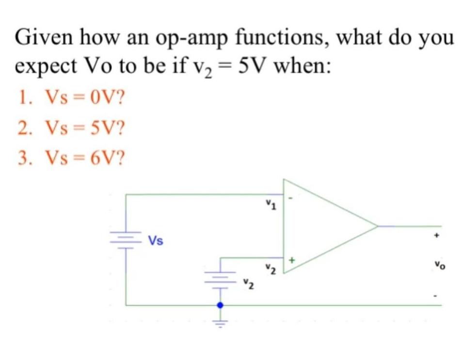 Given how an op-amp functions, what do you expect Vo to be if v = 5V when: 1. Vs=0V? 2. Vs=5V? 3. Vs=6V? Vs
