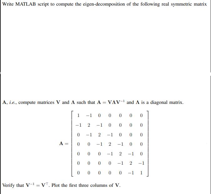 Write MATLAB script to compute the eigen-decomposition of the following real symmetric matrix A, i.e.,