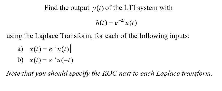 Find the output y(t) of the LTI system with h(t) = e-u(t) using the Laplace Transform, for each of the