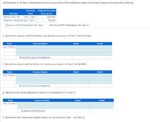 At December 31 of Year 1 the investments in the portfolio of the trading securities of Kennedy Company