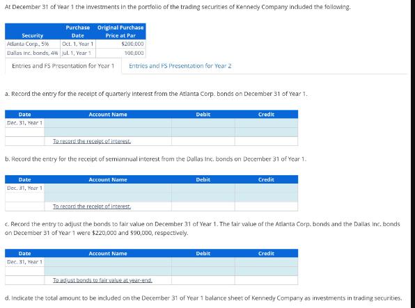 At December 31 of Year 1 the investments in the portfolio of the trading securities of Kennedy Company