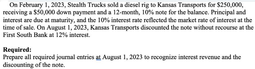 On February 1, 2023, Stealth Trucks sold a diesel rig to Kansas Transports for $250,000, receiving a $50,000