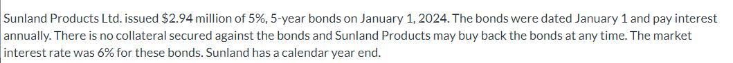 Sunland Products Ltd. issued $2.94 million of 5%, 5-year bonds on January 1, 2024. The bonds were dated